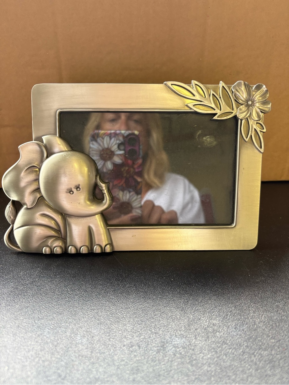 Fetco Brushed Silver Elephant Picture Frame with Floral Leaf Accent